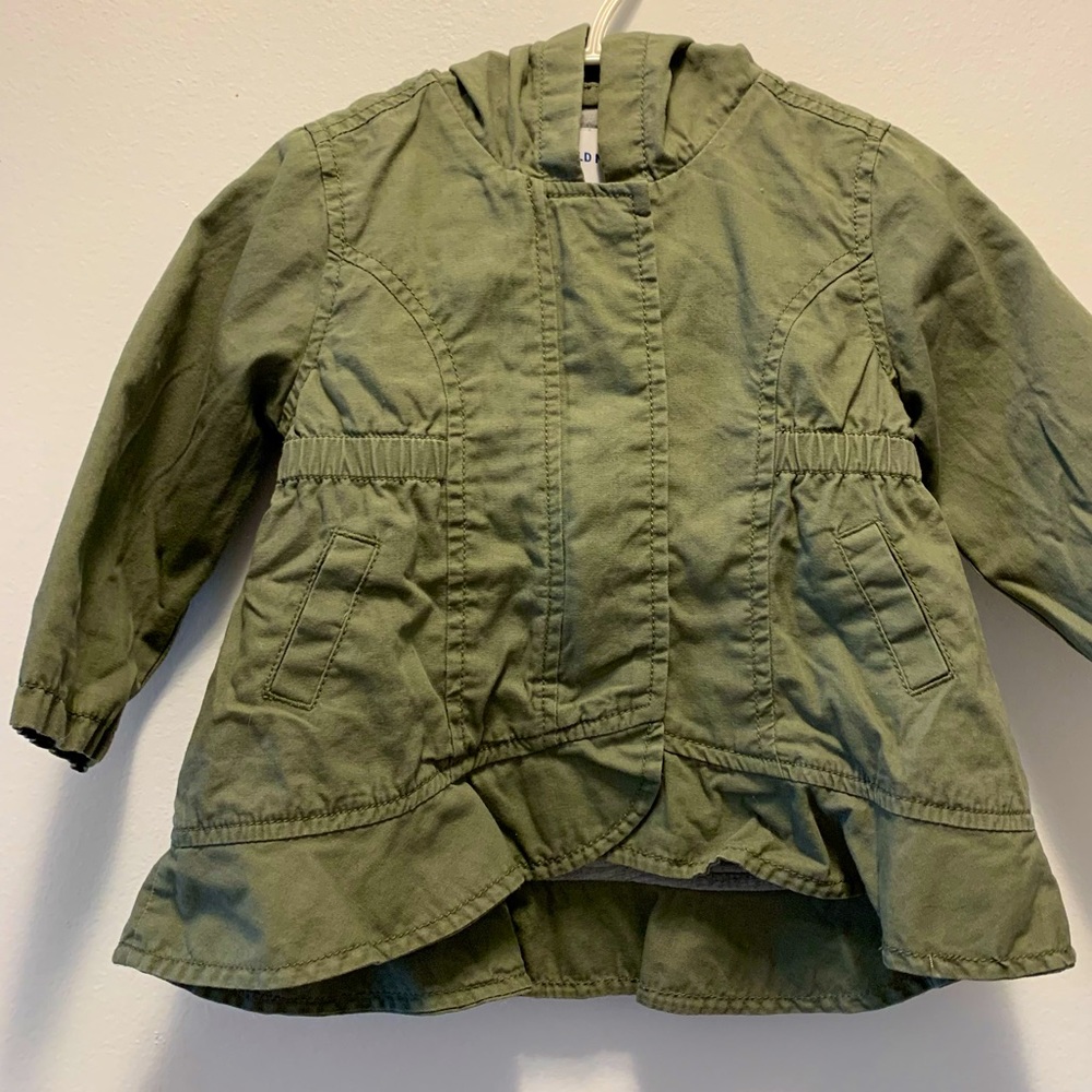 Old Navy Green Hooded Canvas Utility Jacket for Toddler Girls with Ruffles